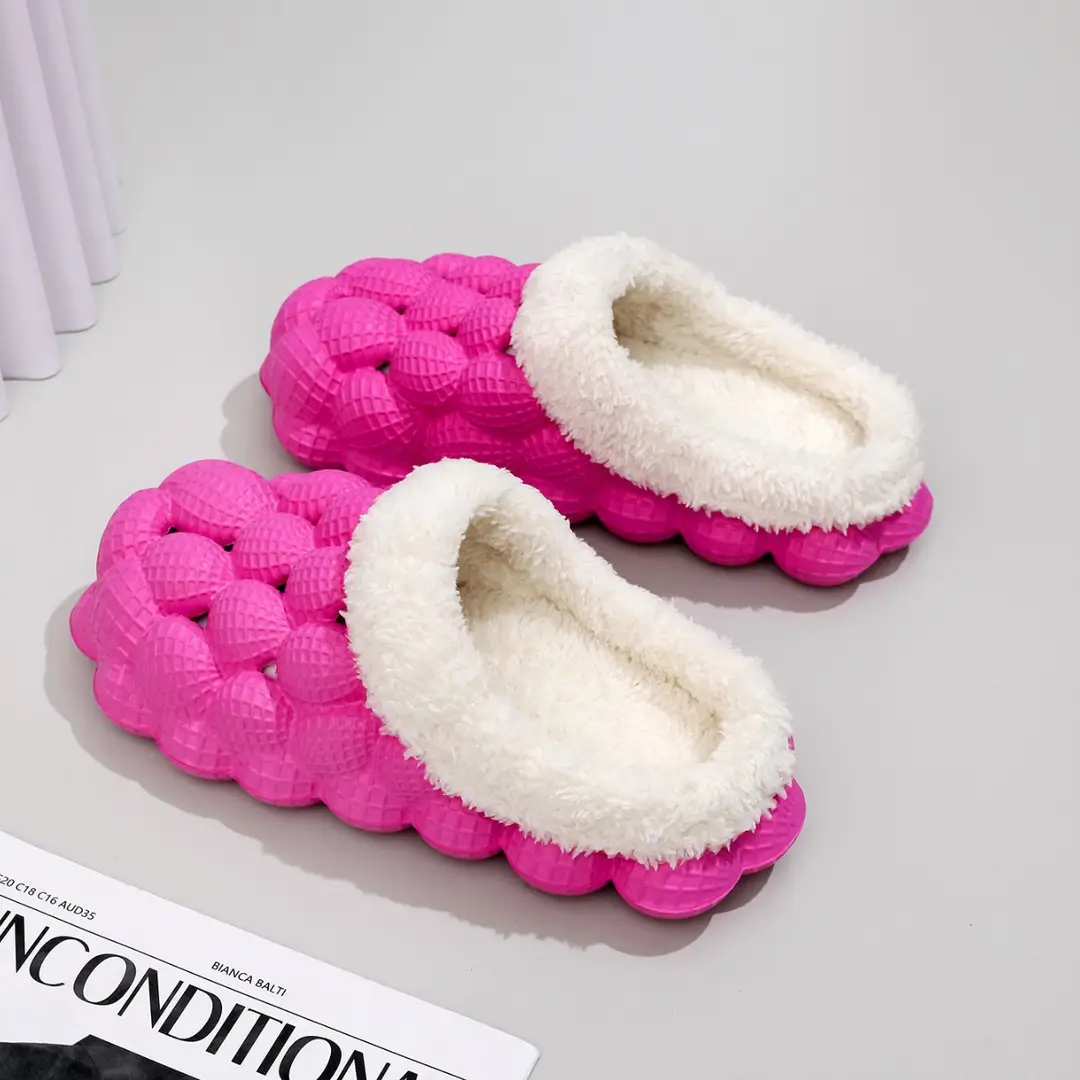 Factory wholesale autumn and winter cotton slippers litchi bubble soft bottom thick bottom cute non-slip warm Mao Mao cotton slippers for men and women - Image 8