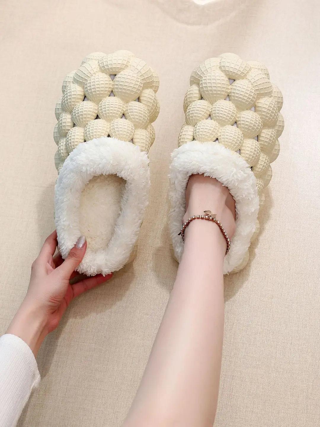 Factory wholesale autumn and winter cotton slippers litchi bubble soft bottom thick bottom cute non-slip warm Mao Mao cotton slippers for men and women — feature 14