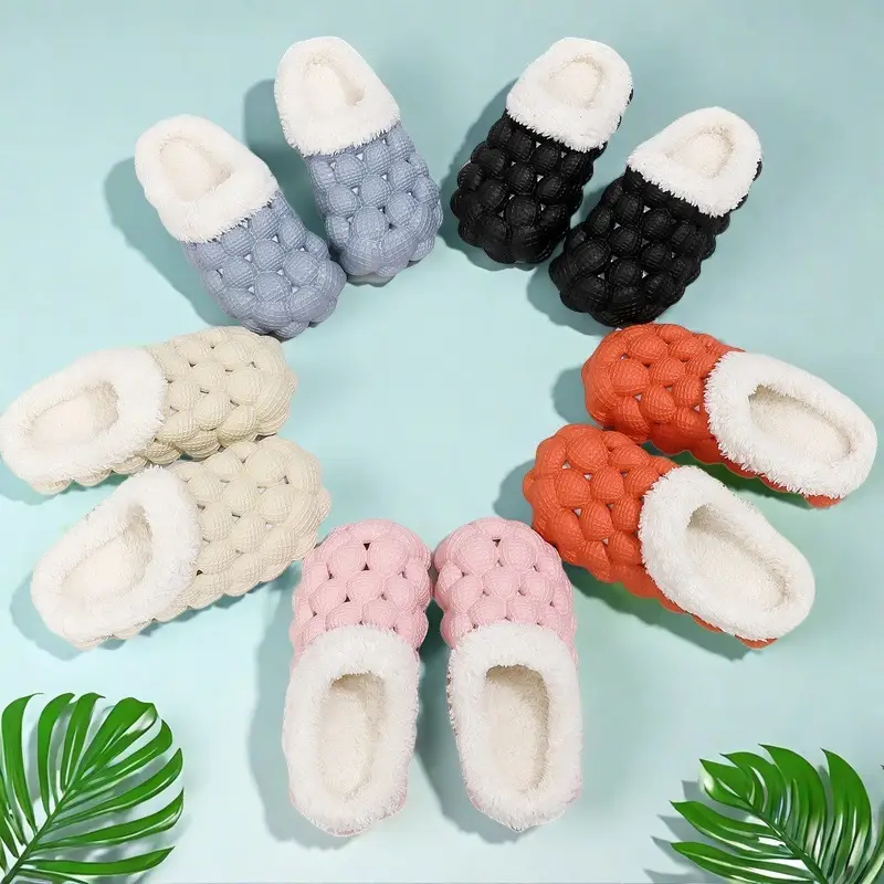 Factory wholesale autumn and winter cotton slippers litchi bubble soft bottom thick bottom cute non-slip warm Mao Mao cotton slippers for men and women — feature 2