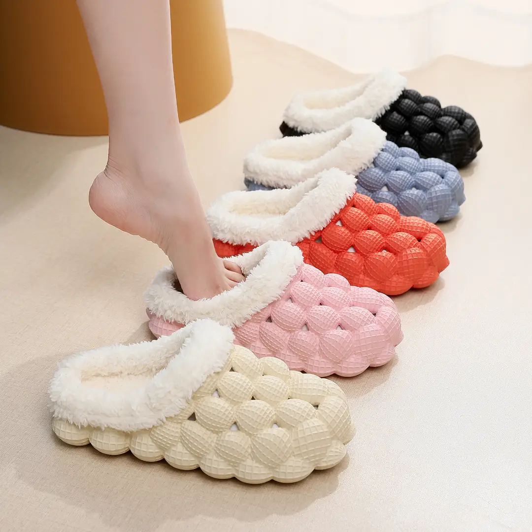 Factory wholesale autumn and winter cotton slippers litchi bubble soft bottom thick bottom cute non-slip warm Mao Mao cotton slippers for men and women — feature 3