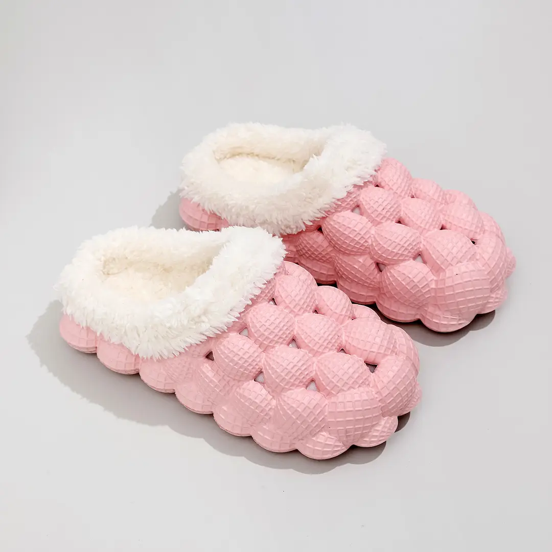 Factory wholesale autumn and winter cotton slippers litchi bubble soft bottom thick bottom cute non-slip warm Mao Mao cotton slippers for men and women - Image 2
