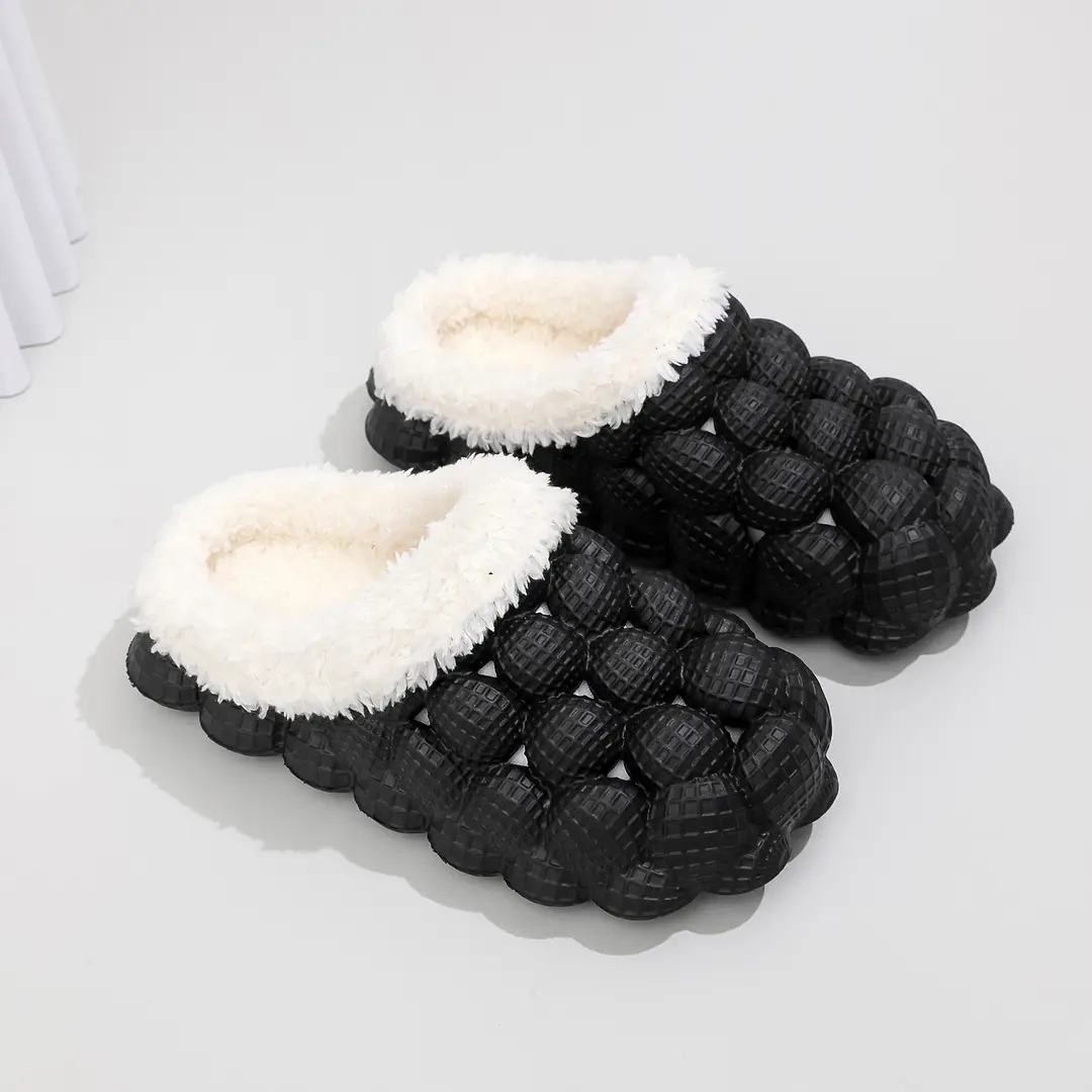Factory wholesale autumn and winter cotton slippers litchi bubble soft bottom thick bottom cute non-slip warm Mao Mao cotton slippers for men and women - Image 4