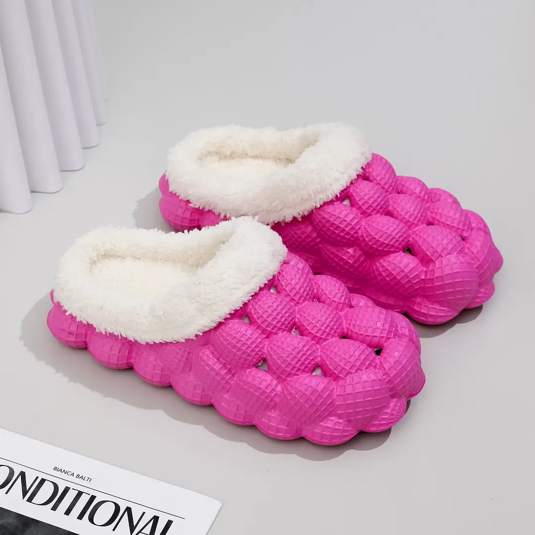 Factory wholesale autumn and winter cotton slippers litchi bubble soft bottom thick bottom cute non-slip warm Mao Mao cotton slippers for men and women - Image 5