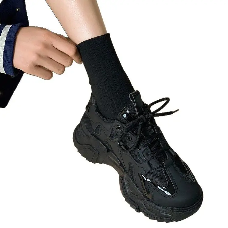 Foot-Showing Small Popular Dad Shoes for Women 2025 Spring New Versatile Breathable Mesh Thick-Soled Sports Black Flats for Women - Image 7