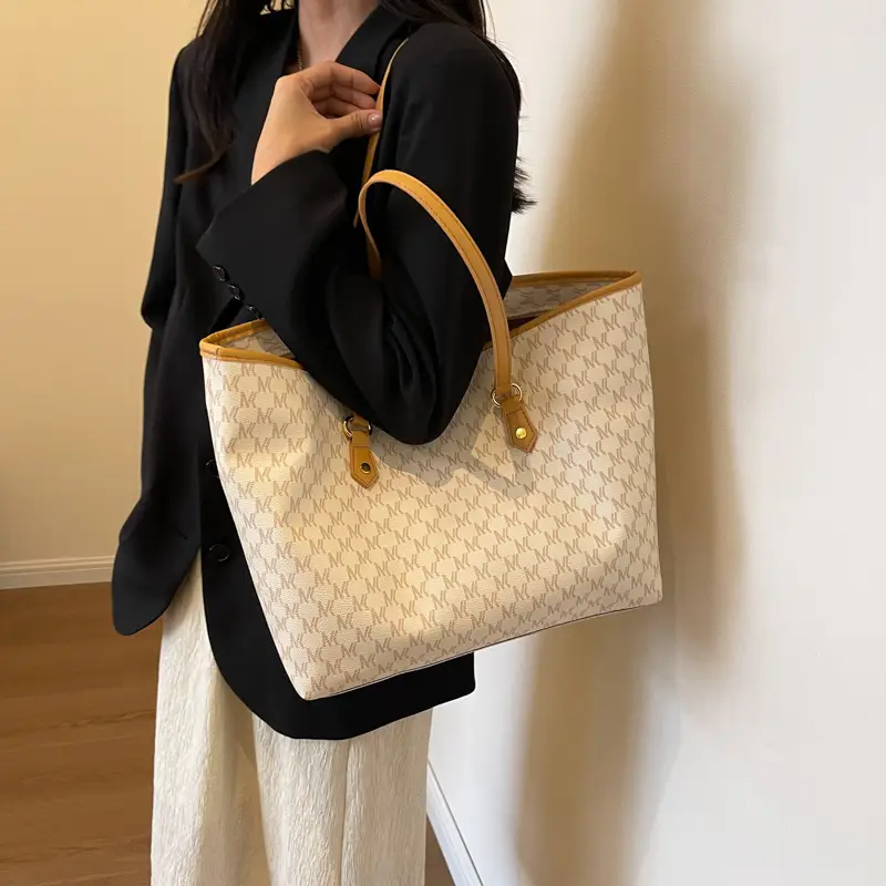 Women Large Capacity Beige Embroidered Tote Bag - Image 7