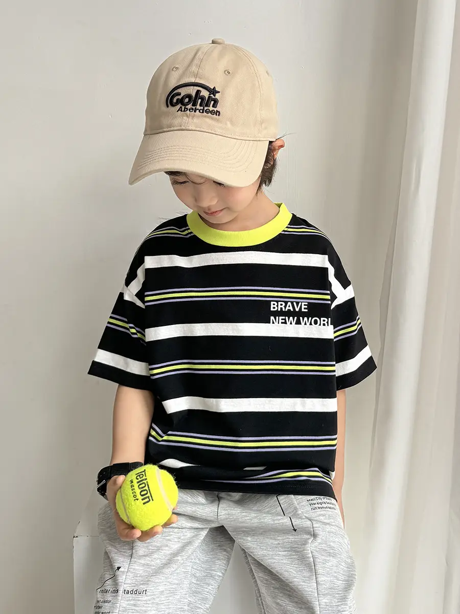 Kids Striped T-Shirt Set with Gray Shorts & Cap - Image 3