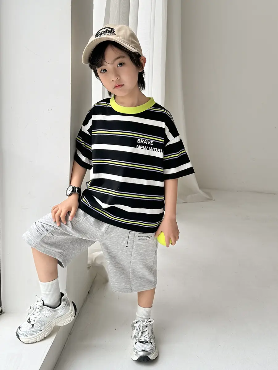 Kids Striped T-Shirt Set with Gray Shorts & Cap - Image 5