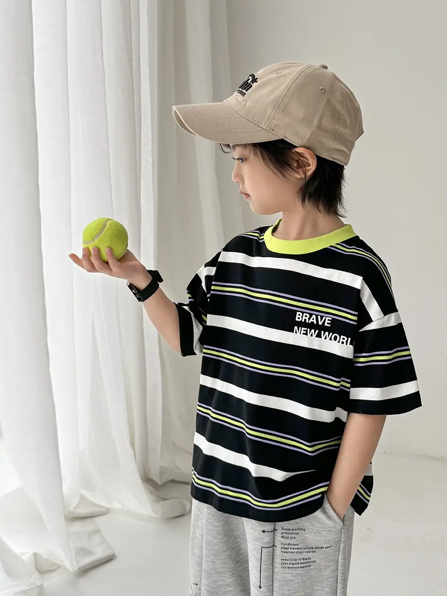 Kids Striped T-Shirt Set with Gray Shorts & Cap - Image 6