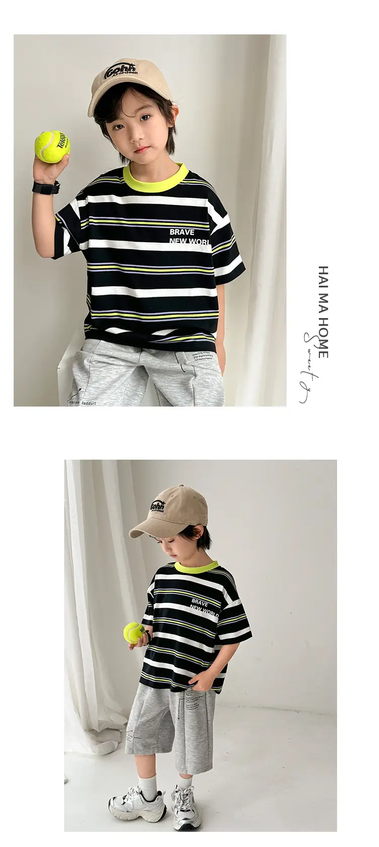Kids Striped T-Shirt Set with Gray Shorts & Cap — feature 10