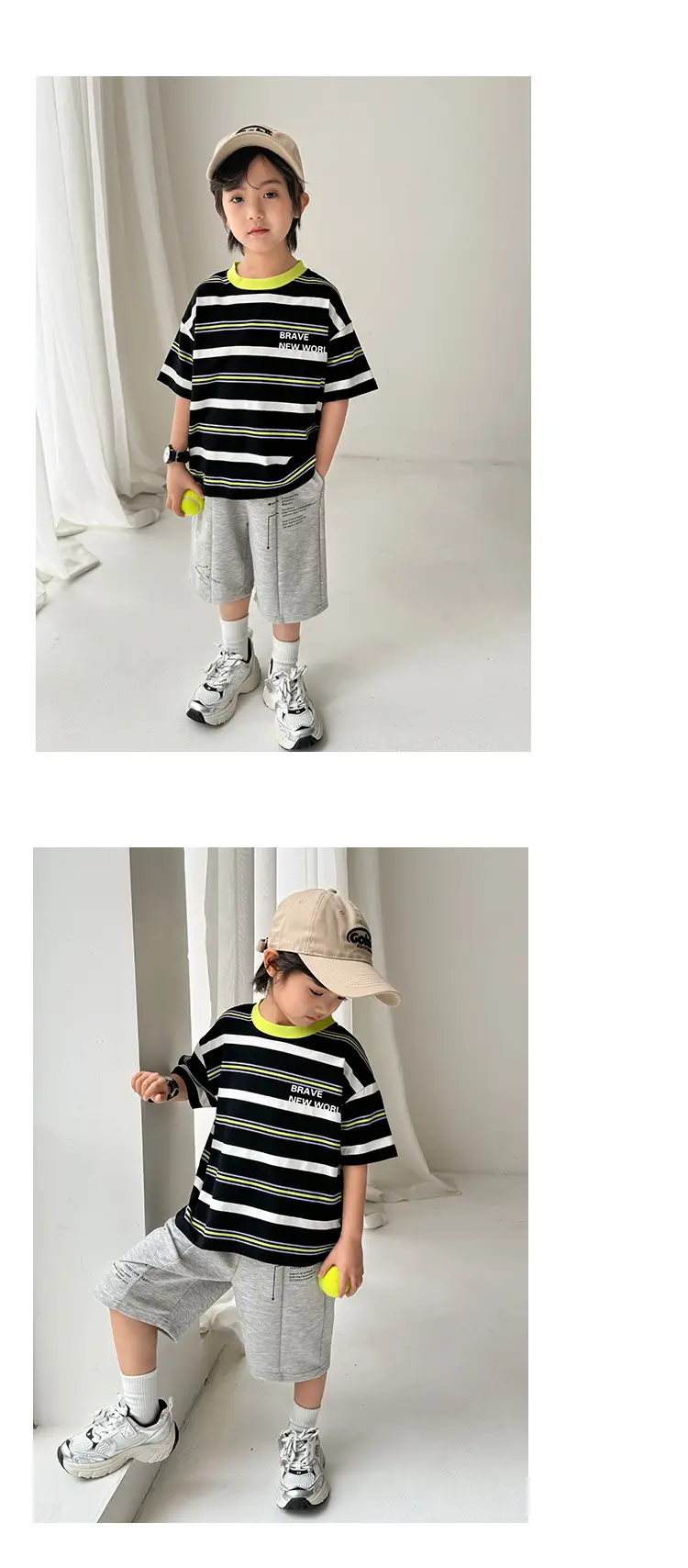 Kids Striped T-Shirt Set with Gray Shorts & Cap — feature 11