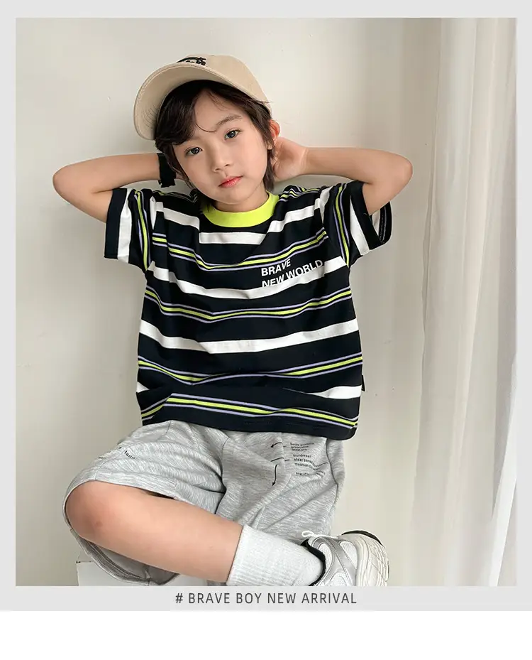Kids Striped T-Shirt Set with Gray Shorts & Cap — feature 2