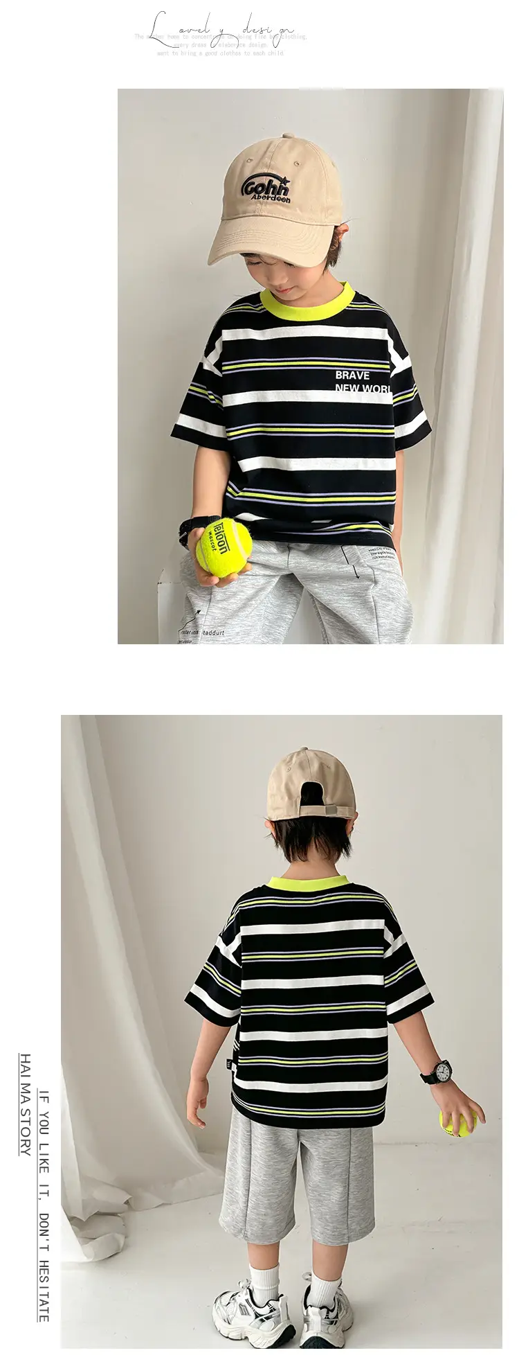 Kids Striped T-Shirt Set with Gray Shorts & Cap — feature 8