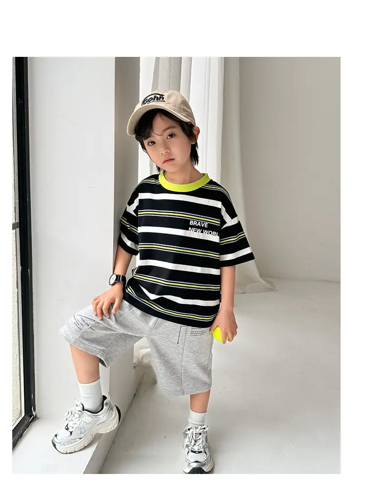 Kids Striped T-Shirt Set with Gray Shorts & Cap — feature 9