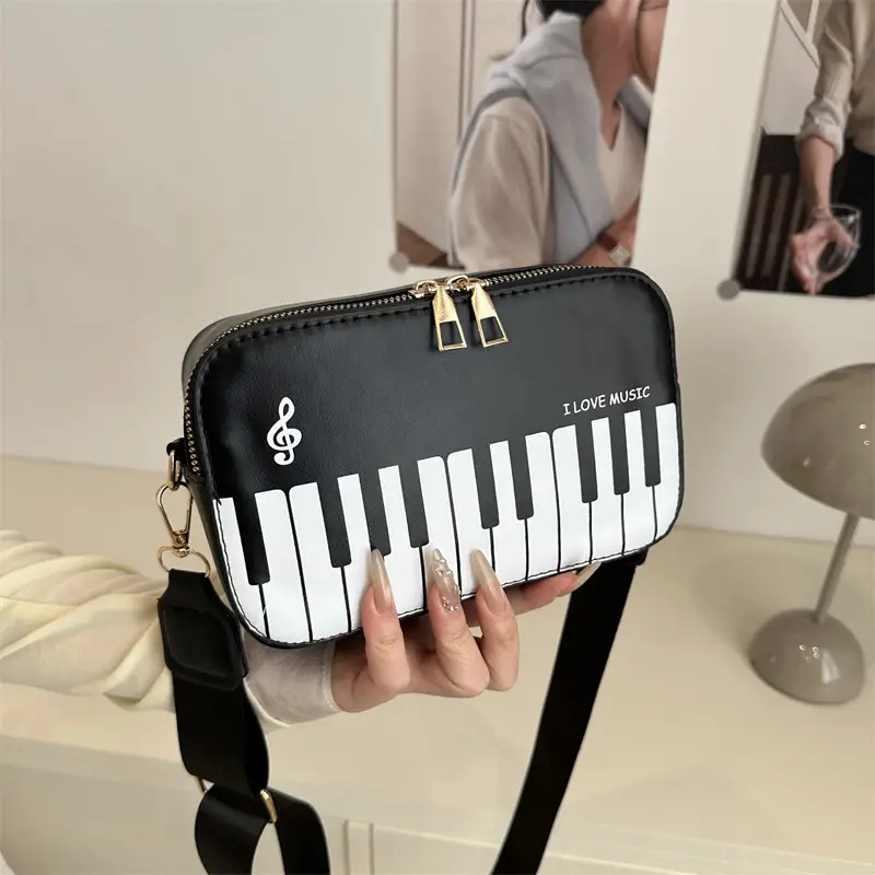 Piano Note Design Small Crossbody Bag Black White - Image 5