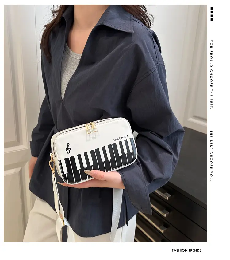 Piano Note Design Small Crossbody Bag Black White — feature 2