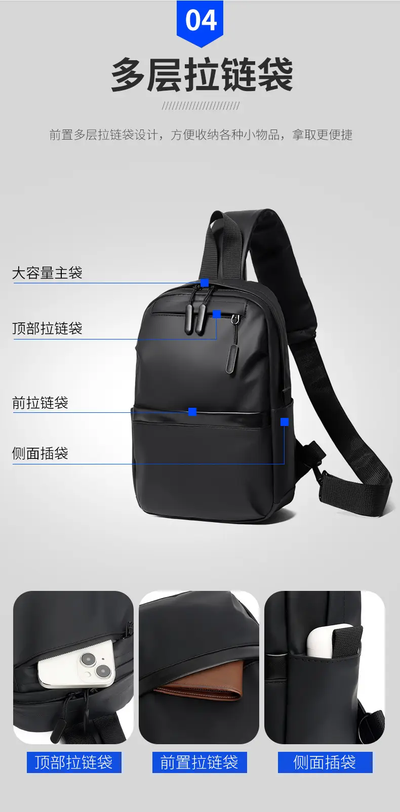 Men's Black Multi-Functional Crossbody Backpack with Zip Pockets — feature 11