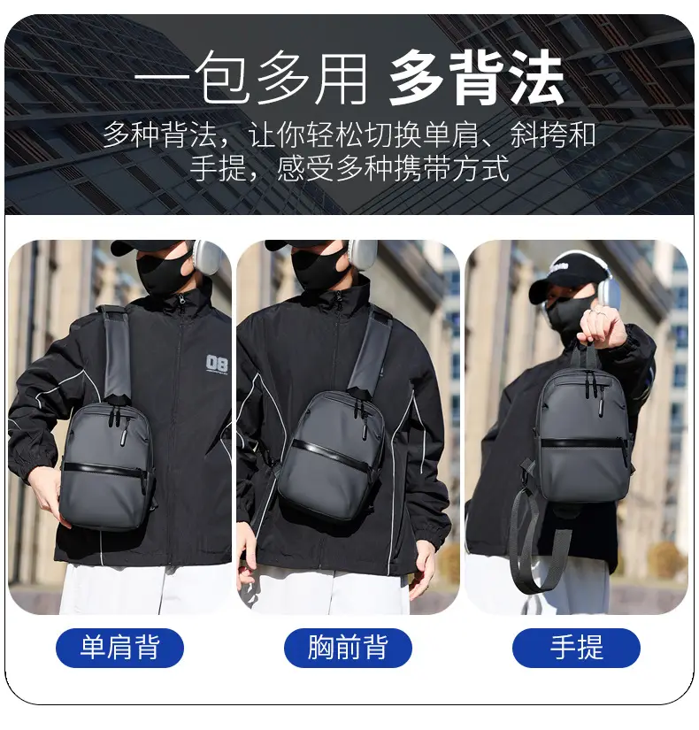 Men's Black Multi-Functional Crossbody Backpack with Zip Pockets — feature 14