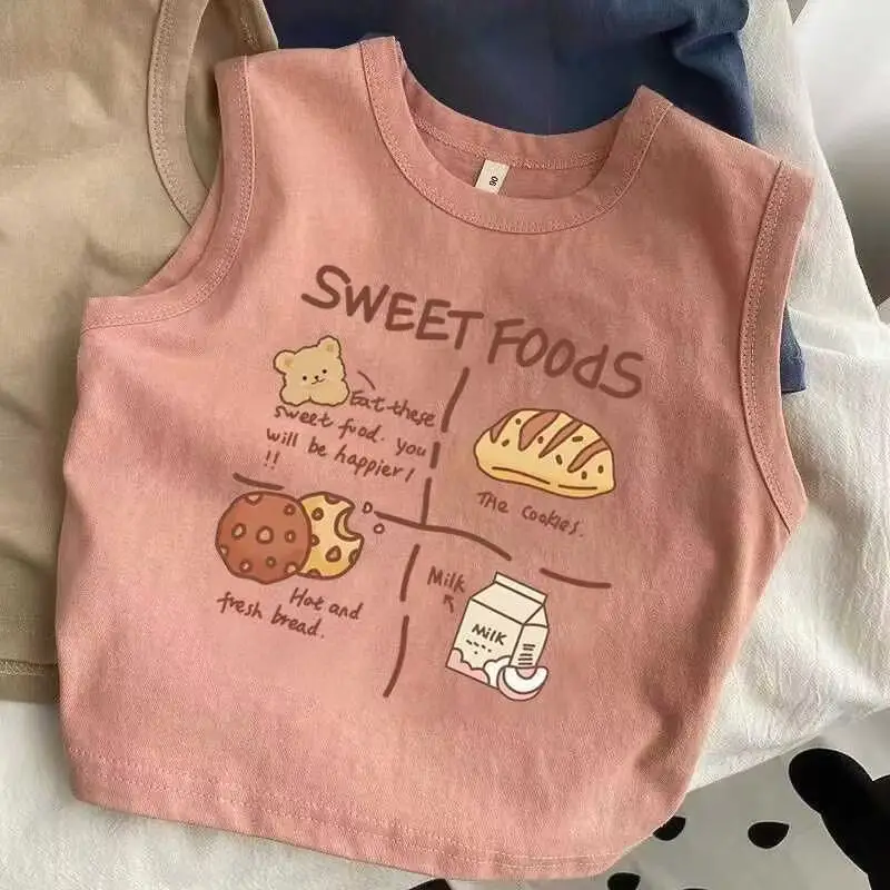 Girls Sleeveless Cotton T-Shirt Sweet Food Print Pink - Image 6