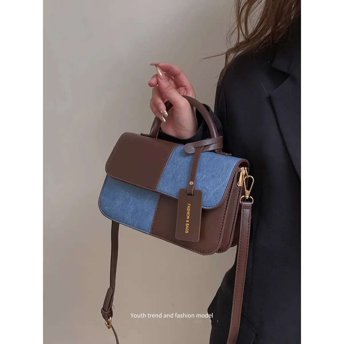 Women Shoulder Crossbody Bag Brown Blue Patchwork 2026 - Image 3