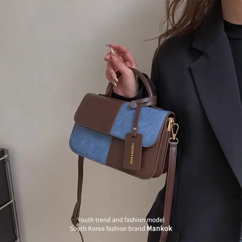 Women Shoulder Crossbody Bag Brown Blue Patchwork 2026 — feature 12