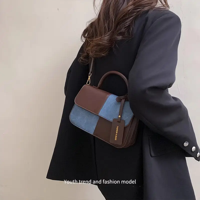Women Shoulder Crossbody Bag Brown Blue Patchwork 2026 — feature 14