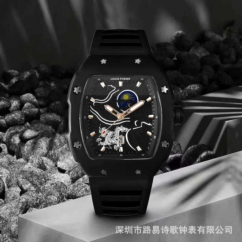 Men's Super Luminous Barrel Watch Black Skeleton Design - Image 4