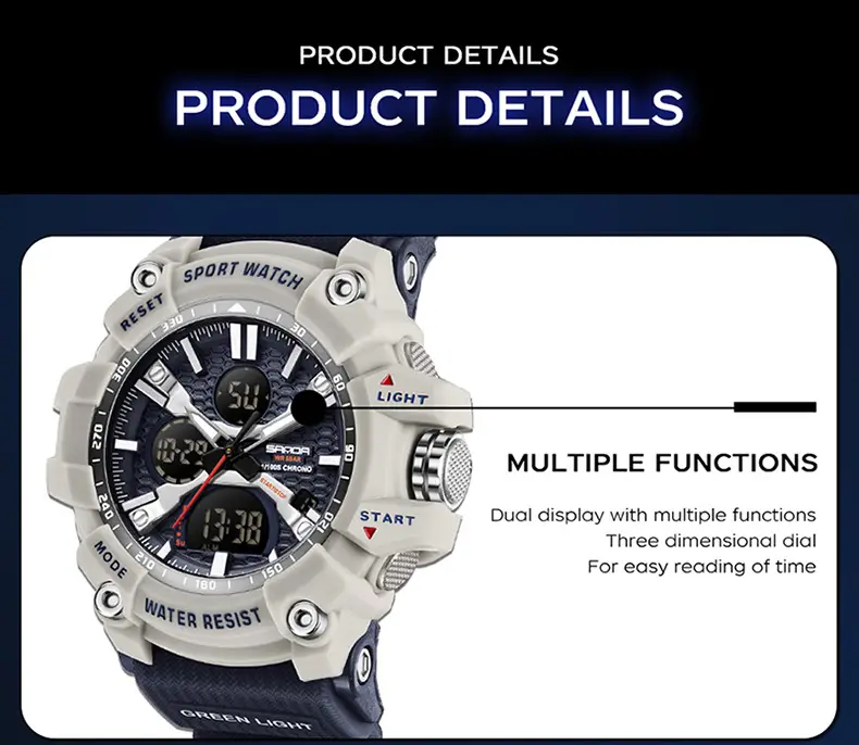 Sanda Youth Waterproof Sports Watch Black Dual Display — feature 39