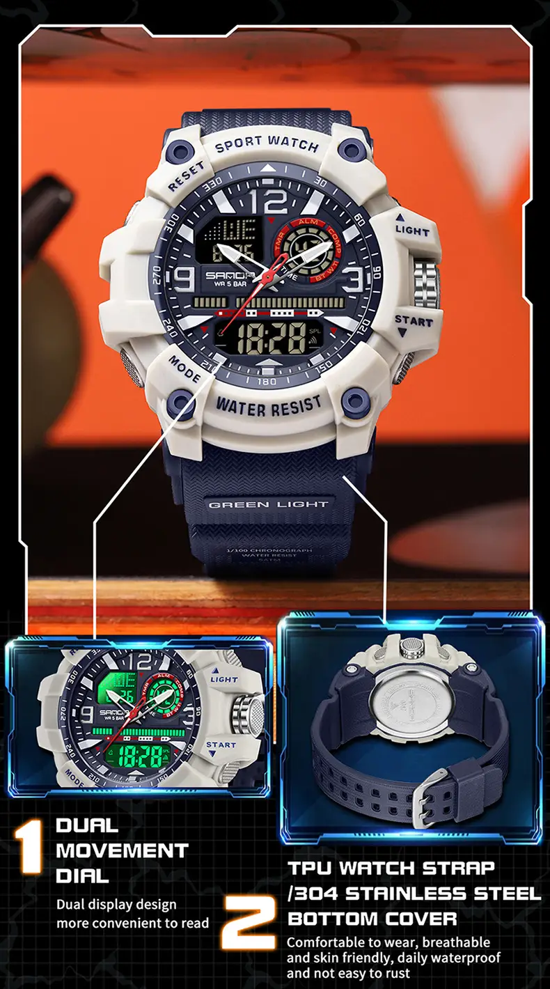 Sanda Sport Watch Waterproof Multifunctional Orange Strap — feature 36