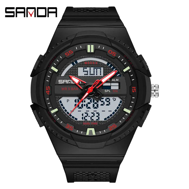 Sanda Black Waterproof LED Countdown Watch for Men Women