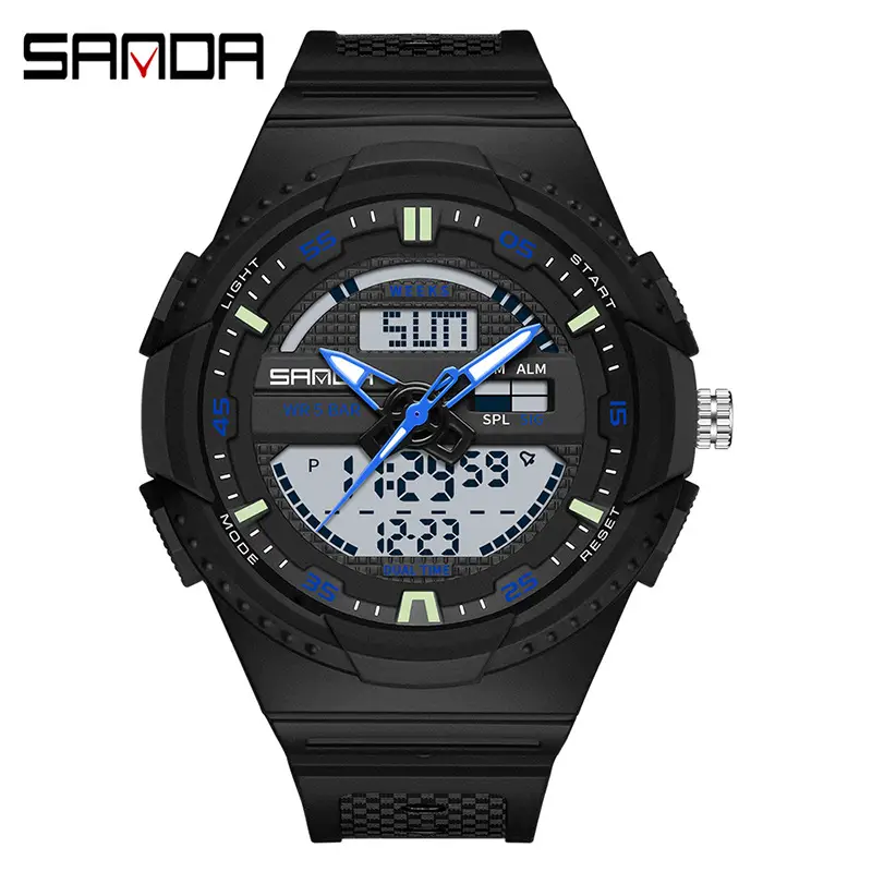 Sanda Black Waterproof LED Countdown Watch for Men Women