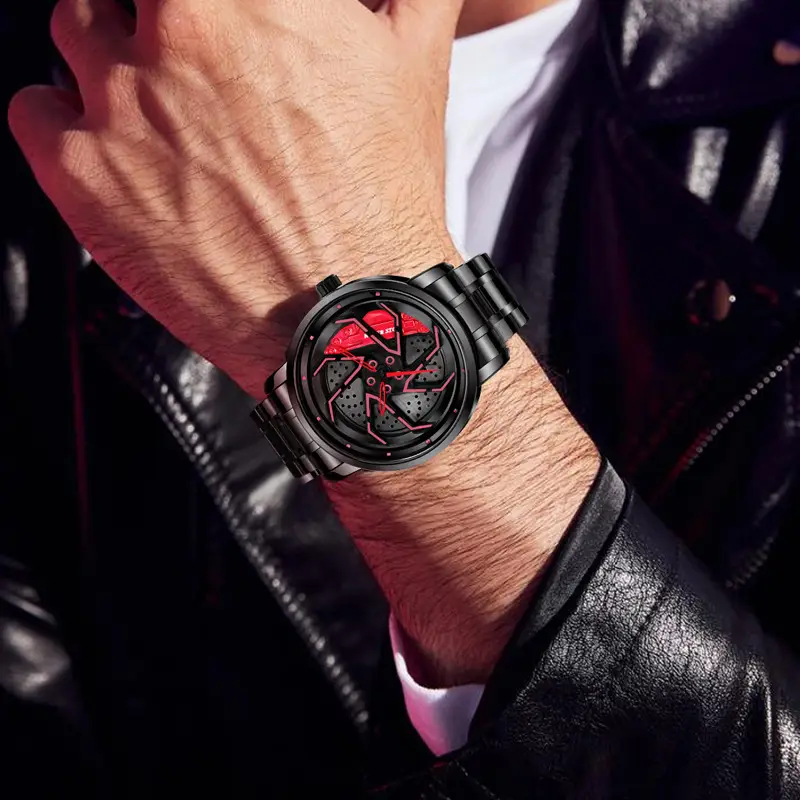 Men's Black Rotating Wheel Quartz Watch with Red Dial
