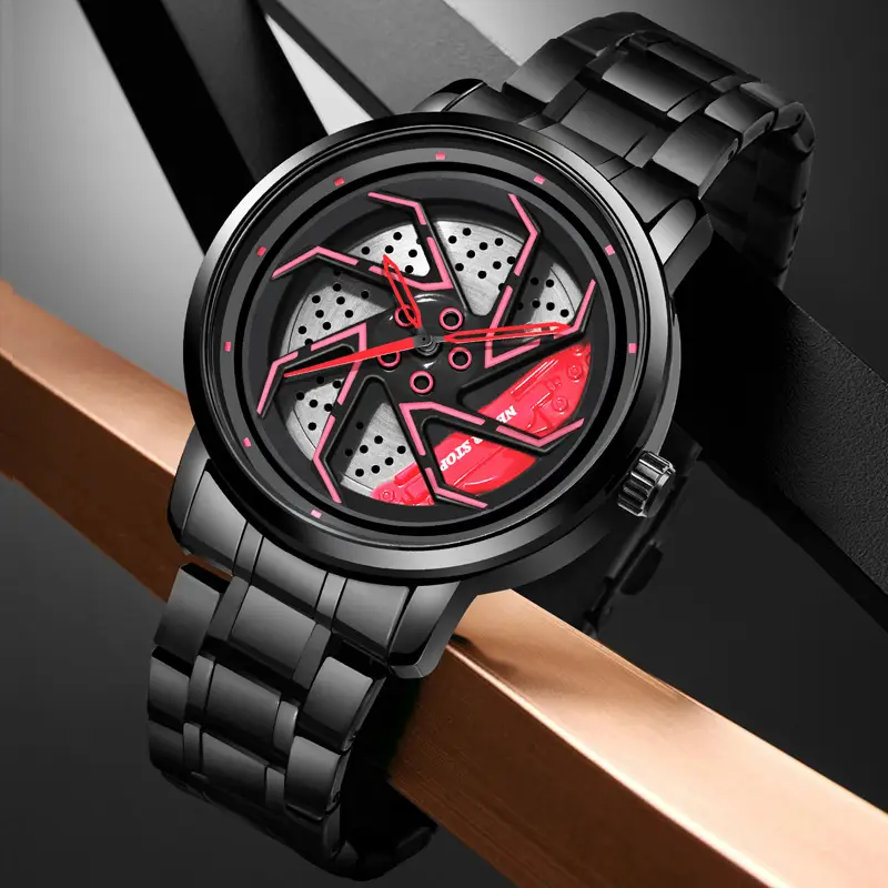 Men's Black Rotating Wheel Quartz Watch with Red Dial
