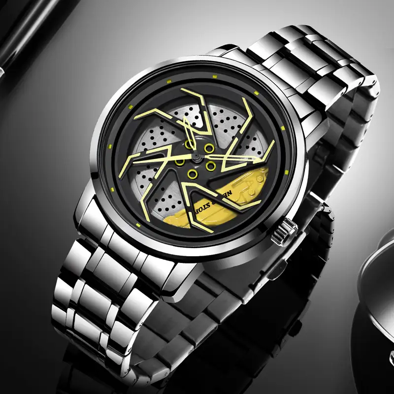 Men's Black Rotating Wheel Quartz Watch with Red Dial