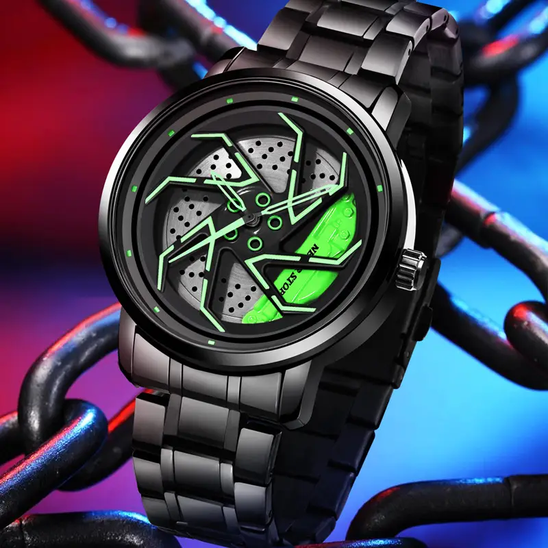 Men's Black Rotating Wheel Quartz Watch with Red Dial