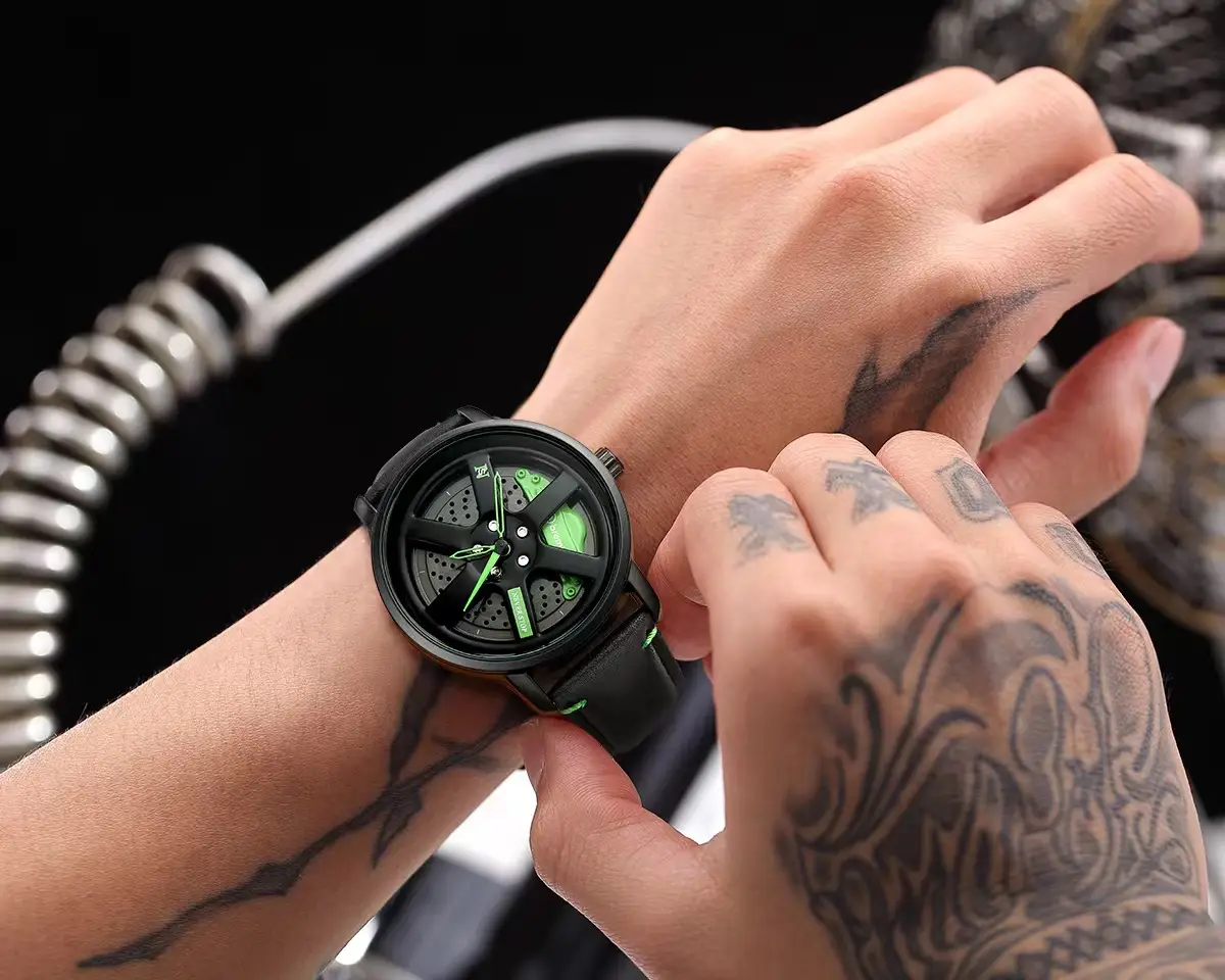 Men's Black Rotating Wheel Quartz Watch with Red Dial — feature 4
