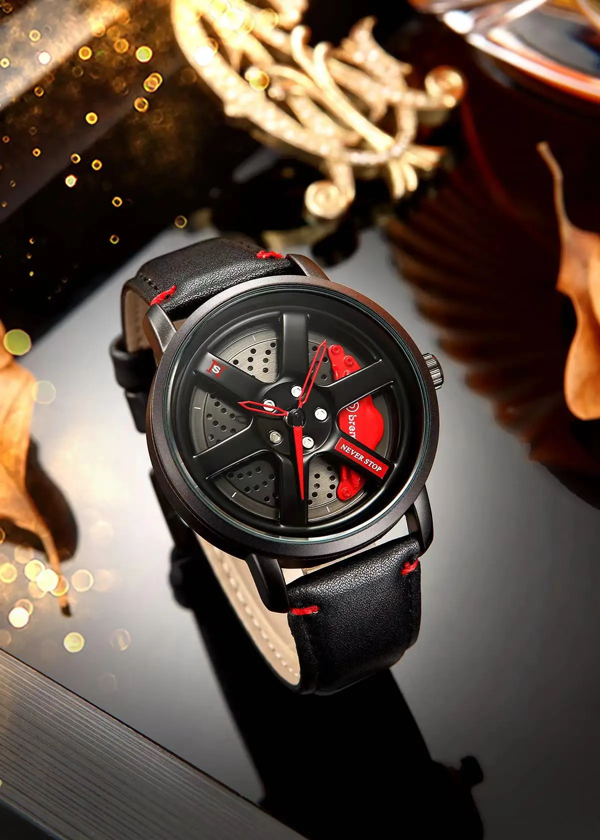 Men's Black Rotating Wheel Quartz Watch with Red Dial — feature 7