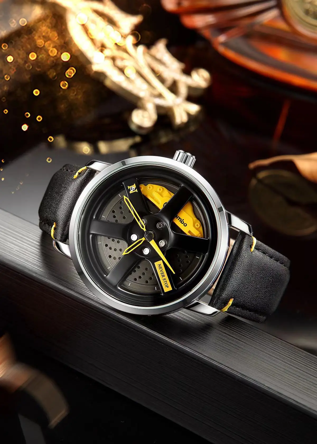 Men's Black Rotating Wheel Quartz Watch with Red Dial — feature 8