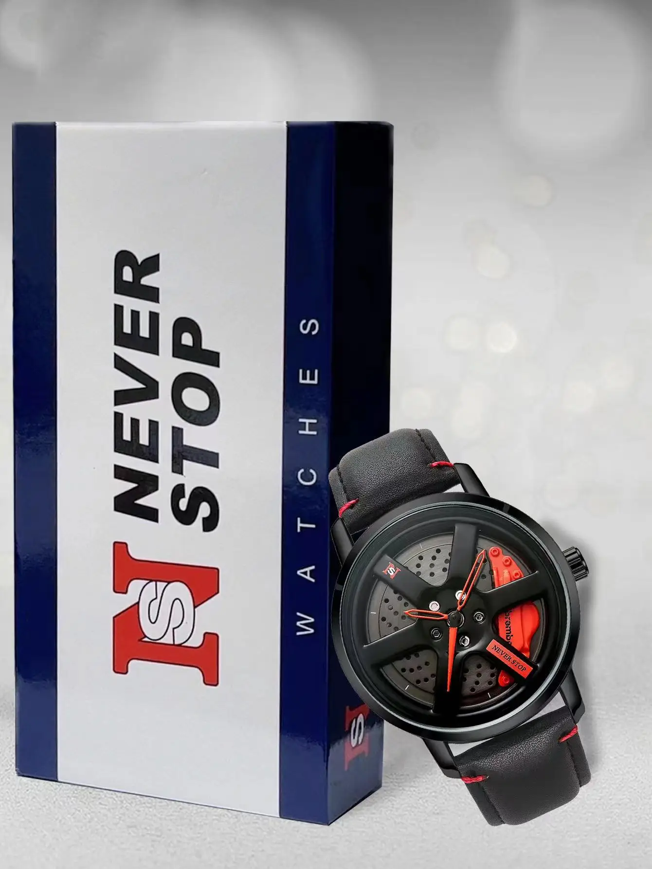 Men's Black Rotating Wheel Quartz Watch with Red Dial — feature 9