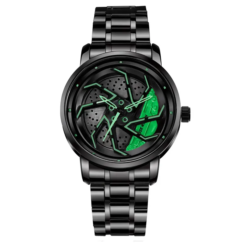 Men's Black Rotating Wheel Quartz Watch with Red Dial