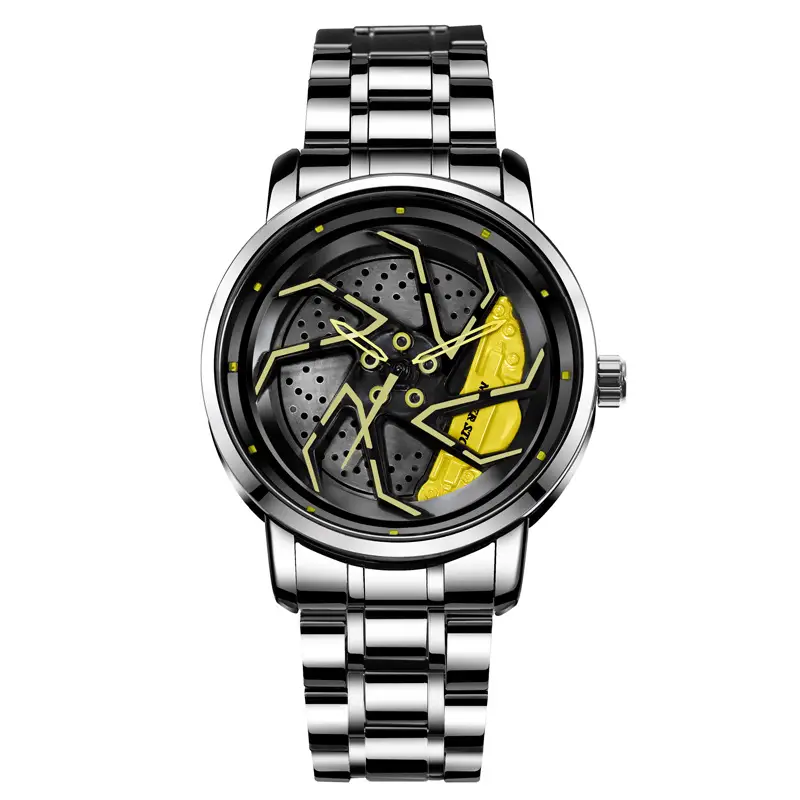 Men's Black Rotating Wheel Quartz Watch with Red Dial