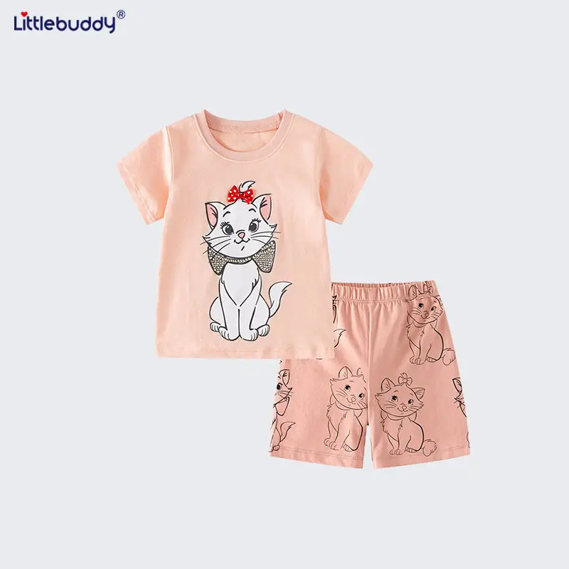 2025 Kids Cat Print Cotton Shorts Set Pink - Image 3