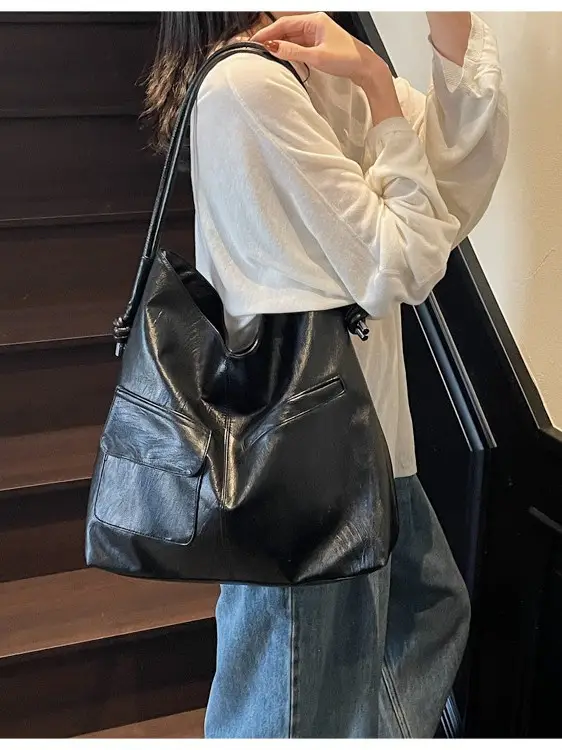 Black Leather Large Tote Bag for Women 2025 - Image 5