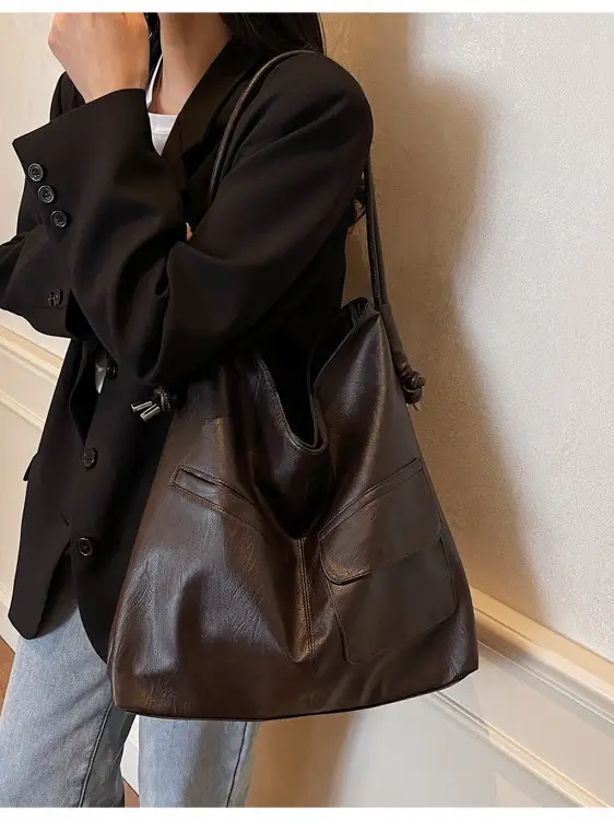 Black Leather Large Tote Bag for Women 2025 - Image 7