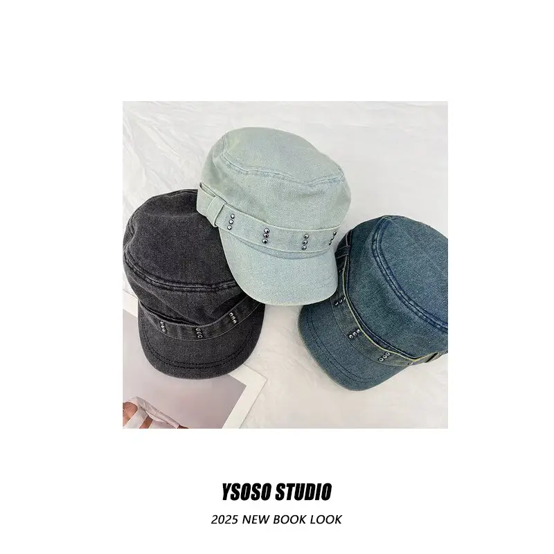 Vintage Denim Flat Cap with Rivets Washed All Match
