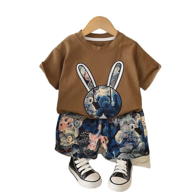 Children's 2-Piece Bunny Embroidered Suit Brown Short Sleeve T-Shirt with Printed Shorts - Image 6