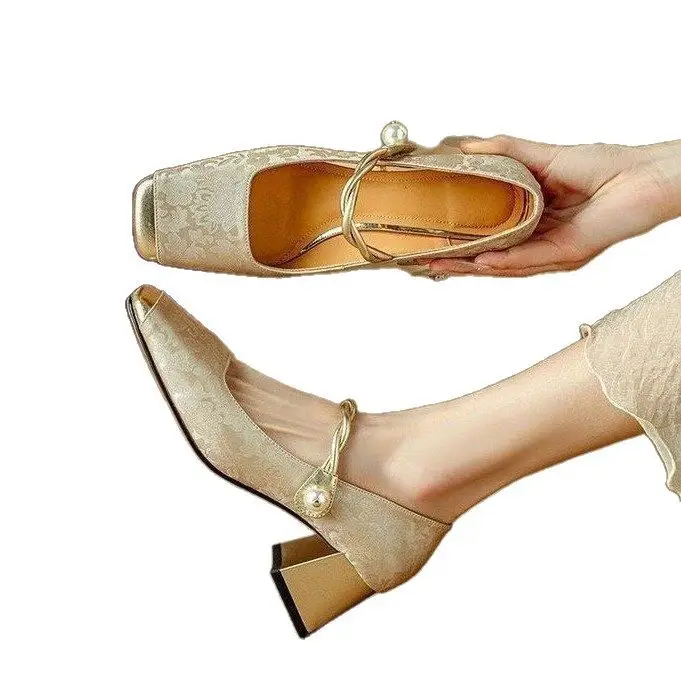 Spring Mary Jane Shoes High Heels Women's Single-layer Shoes New Chinese Style National Style Color-matching Square Head French Pearl Thick Heel - Image 8