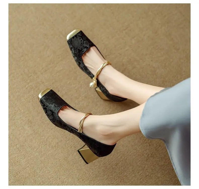 Spring Mary Jane Shoes High Heels Women's Single-layer Shoes New Chinese Style National Style Color-matching Square Head French Pearl Thick Heel — feature 15