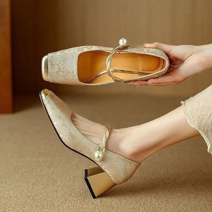 Spring Mary Jane Shoes High Heels Women's Single-layer Shoes New Chinese Style National Style Color-matching Square Head French Pearl Thick Heel — feature 2
