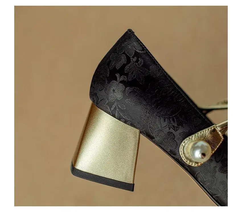 Spring Mary Jane Shoes High Heels Women's Single-layer Shoes New Chinese Style National Style Color-matching Square Head French Pearl Thick Heel — feature 5