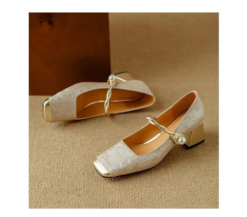 Spring Mary Jane Shoes High Heels Women's Single-layer Shoes New Chinese Style National Style Color-matching Square Head French Pearl Thick Heel — feature 6